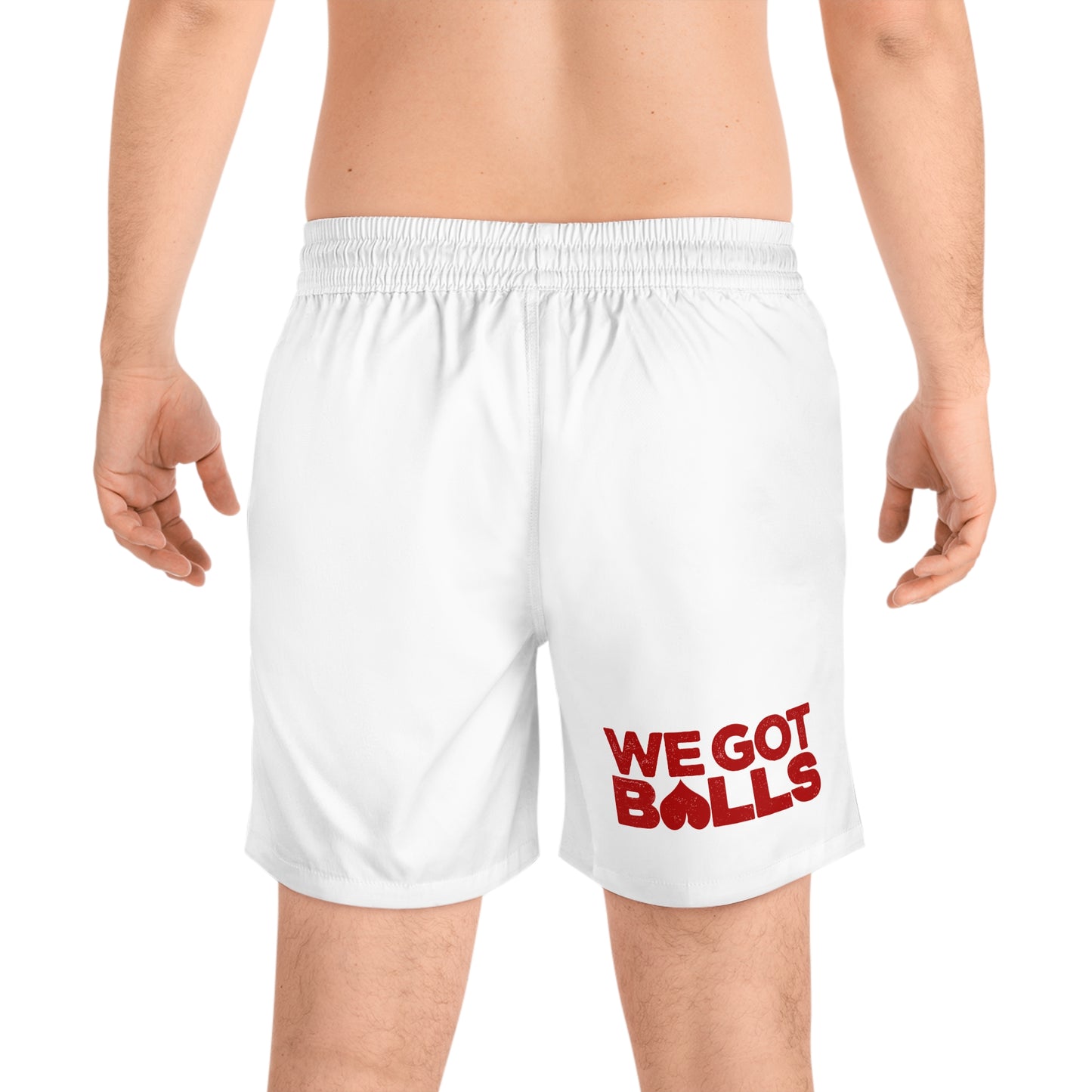 We Got Balls Swim Shorts — Men's White Retro Stripe Swim Trunks