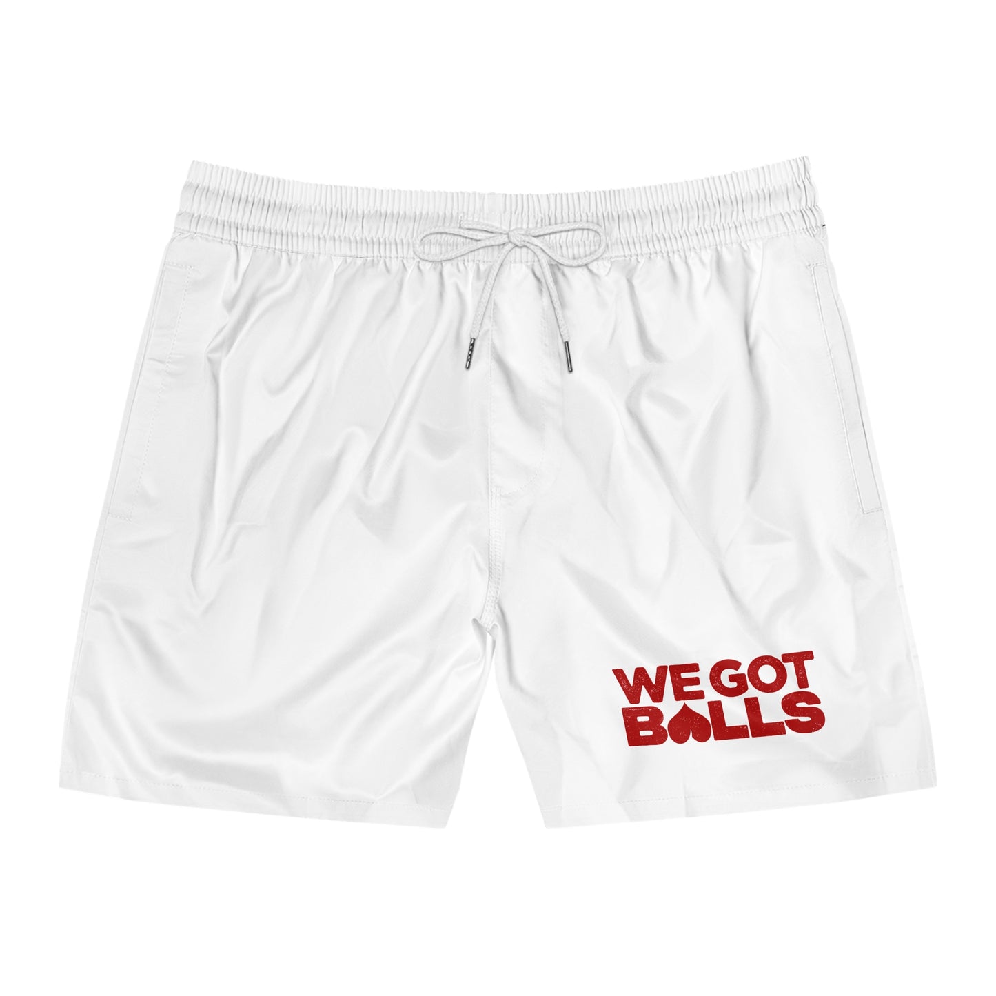 We Got Balls Swim Shorts — Men's White Retro Stripe Swim Trunks