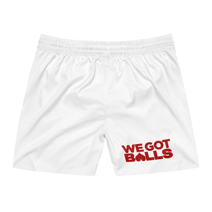 We Got Balls Swim Shorts — Men's White Retro Stripe Swim Trunks