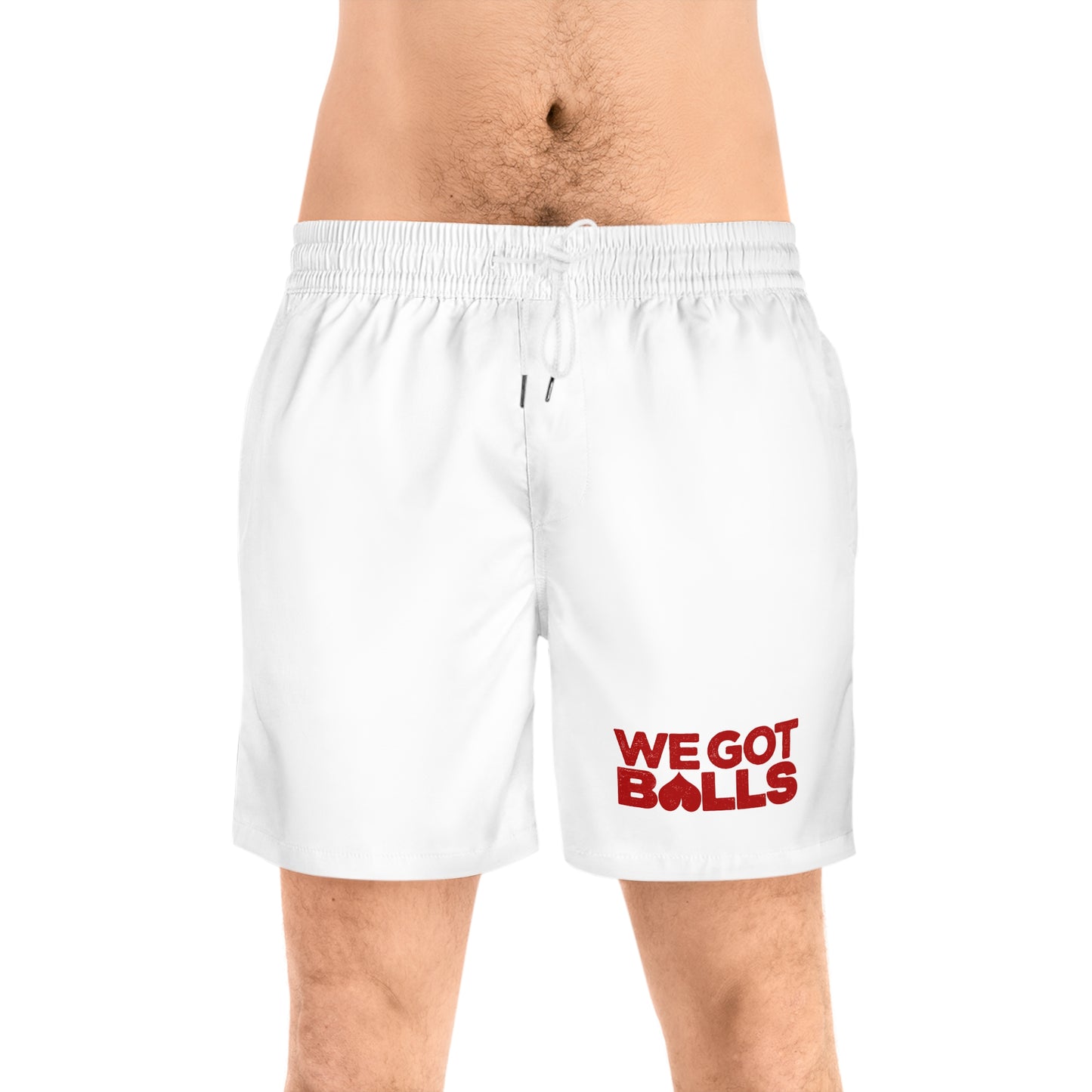 We Got Balls Swim Shorts — Men's White Retro Stripe Swim Trunks